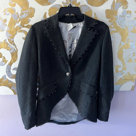 Joseph Ribhoff Size 6 Vintage Charcoal Gray Lace Gem Detail Blazer - Picture 9 of 9